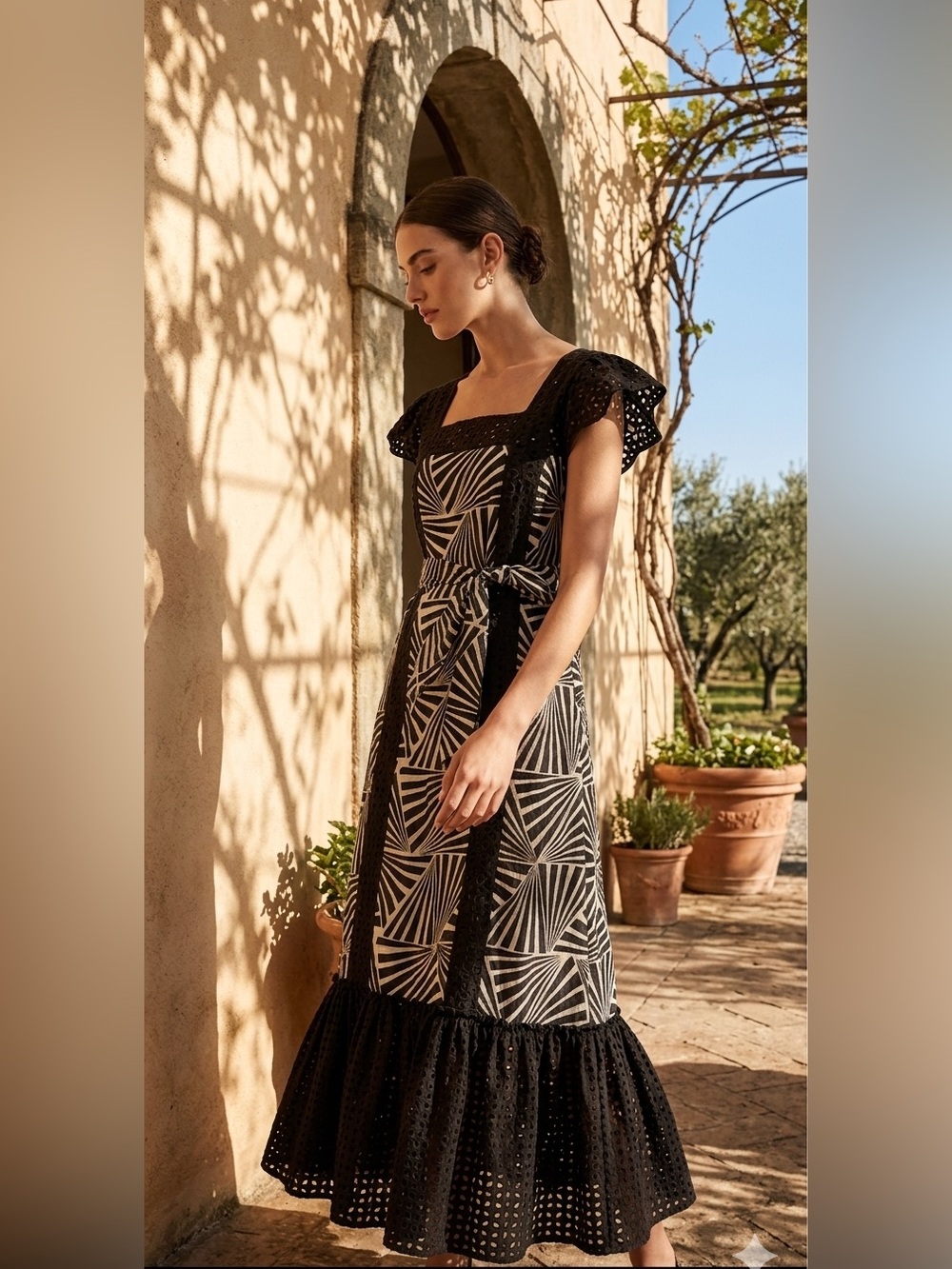 MAISIE Embroidered Chic Black and White Geometric Maxi Dress Sz XS